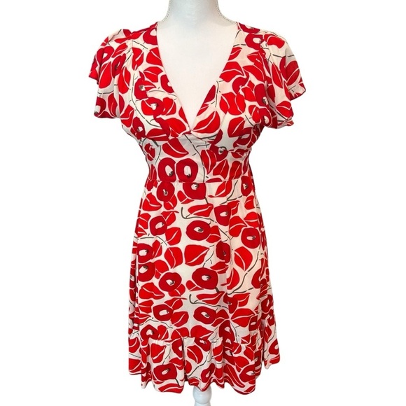Karakorum Floral Poppy Print V Neck Fit & Flare Short Sleeve Dress Women’s Sz Lg - Picture 1 of 14